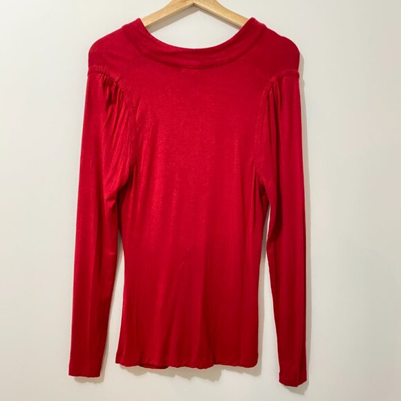 Y2K Red Longsleeve T-Shirt with Plunging V-Neck, Ruching, Gathered, Stretch Euro - Picture 8 of 10